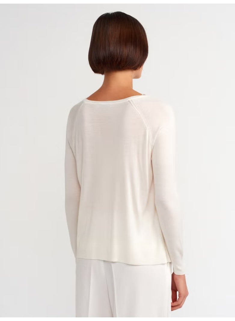 Dilvin 10536 Crew Neck Basic Thin Knit Sweater-Ecru - Image 2